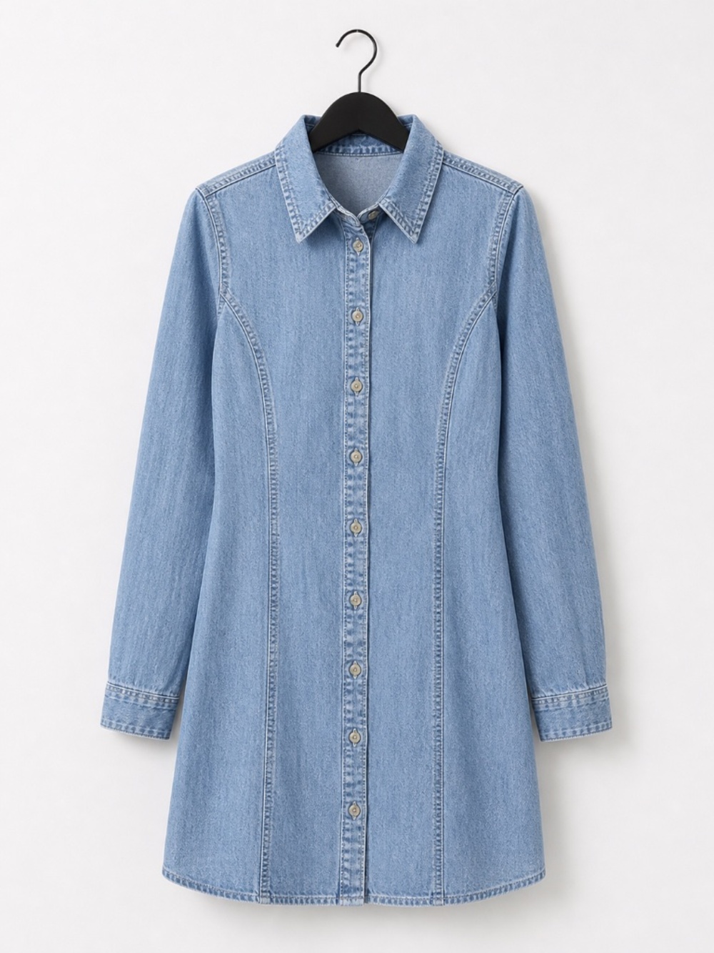 ASOS Denim Fitted Shirt Mini Dress Button Down Long Sleeve Light Wash | US 4